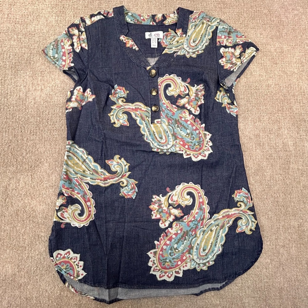 D&Co Tunic‎ Top Womens 2XS Blue Paisley Print Cotton Stretch Back Box Cap Sleeve